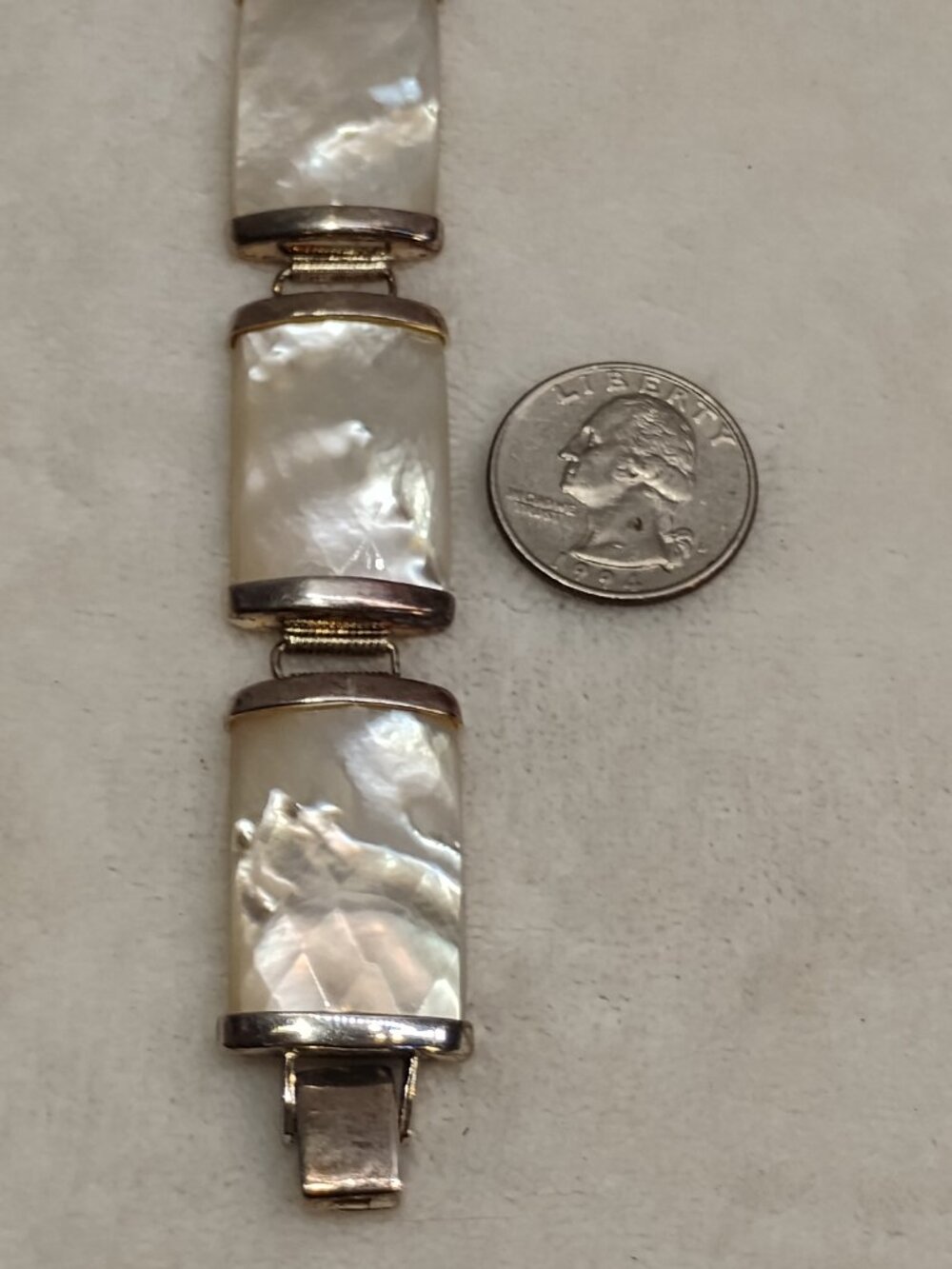 Vintage WW Hong Kong 925 Sterling Silver Mother Of Pearl Panel Link Bracelet - Picture 11 of 11